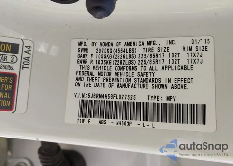 2015 Honda Cr-V Ex z USA, uszkodzony, nr VIN 5J6RM4H59FL027525